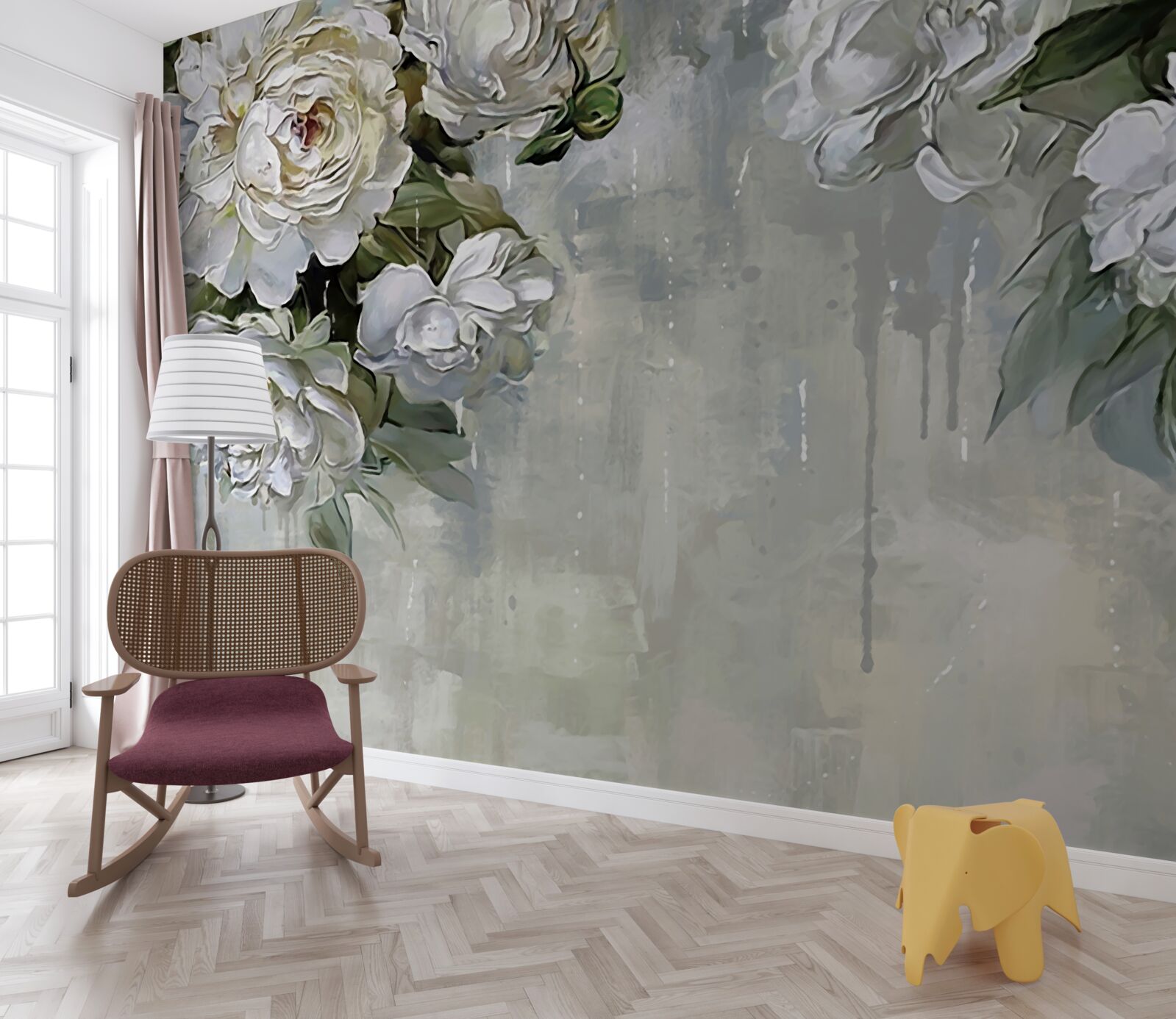 Papier peint il y a de grandes fleurs blanches sur le mur en béton