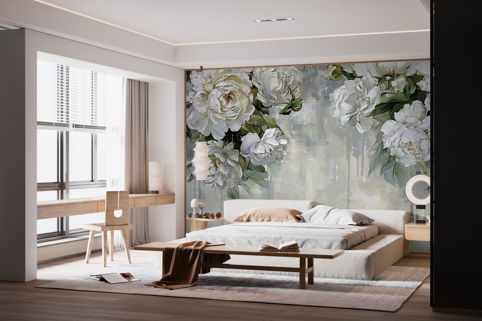 Papier peint il y a de grandes fleurs blanches sur le mur en béton