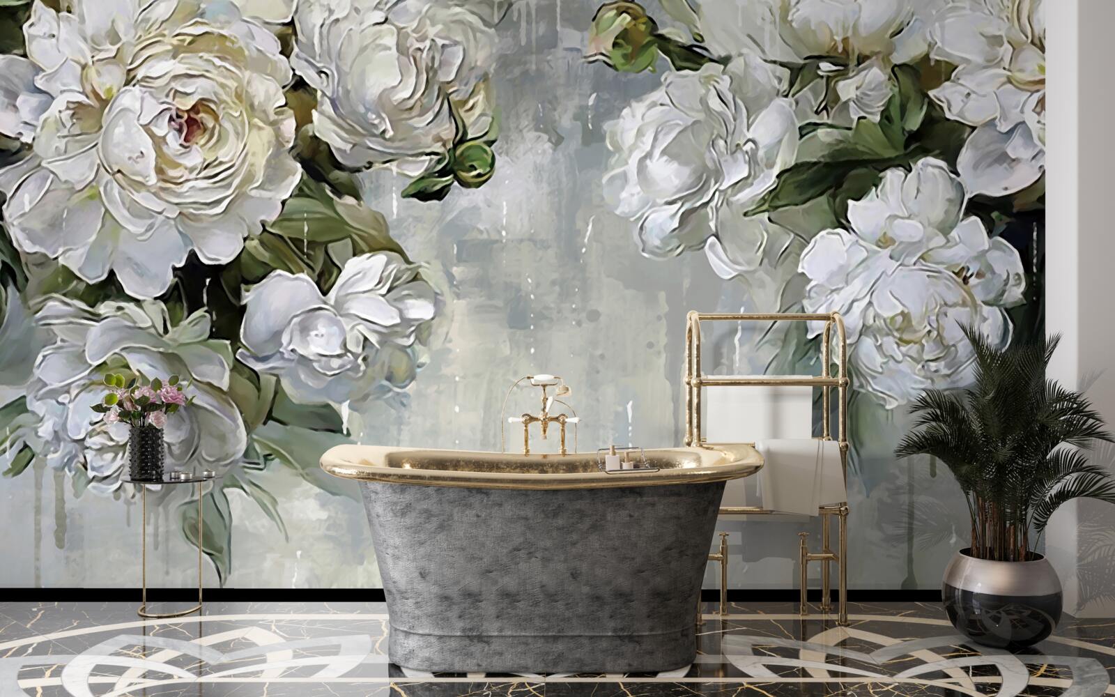 Papier peint il y a de grandes fleurs blanches sur le mur en béton