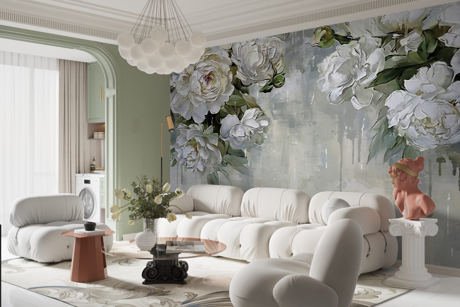 Papier peint il y a de grandes fleurs blanches sur le mur en béton