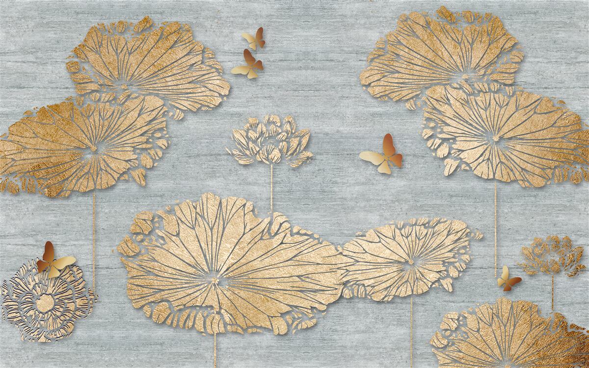 Papier peint papillons et feuilles d'or à la surface de l'eau