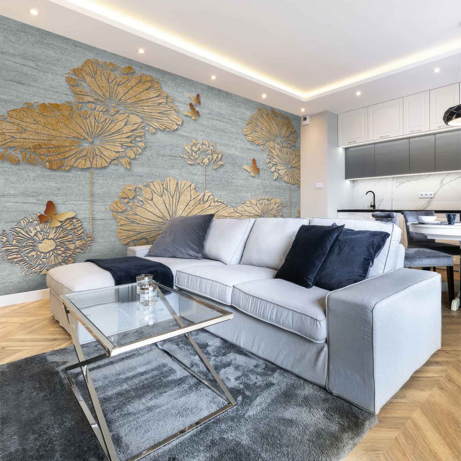 Papier peint papillons et feuilles d'or à la surface de l'eau