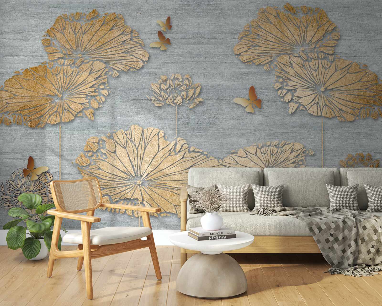 Papier peint papillons et feuilles d'or à la surface de l'eau