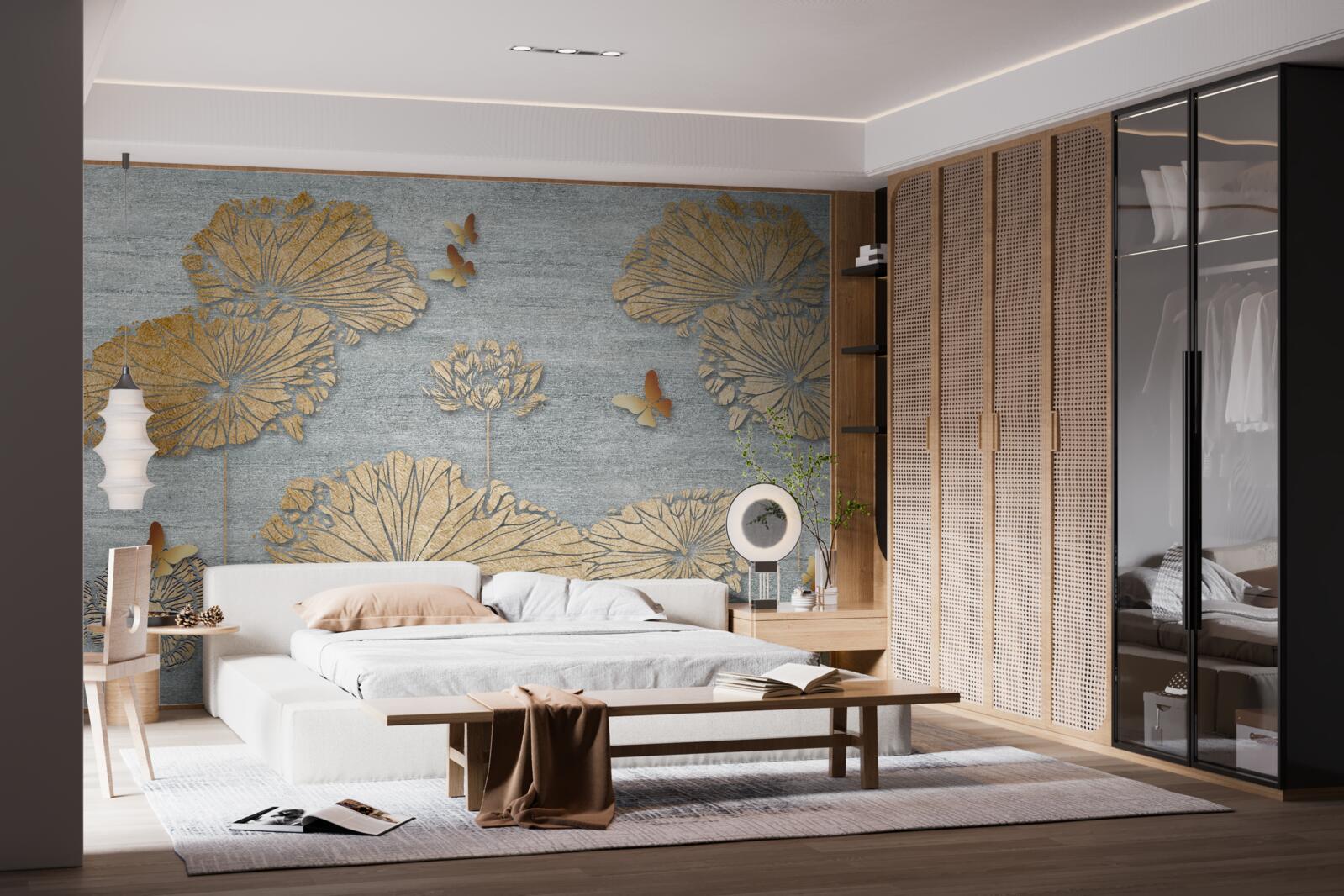 Papier peint papillons et feuilles d'or à la surface de l'eau