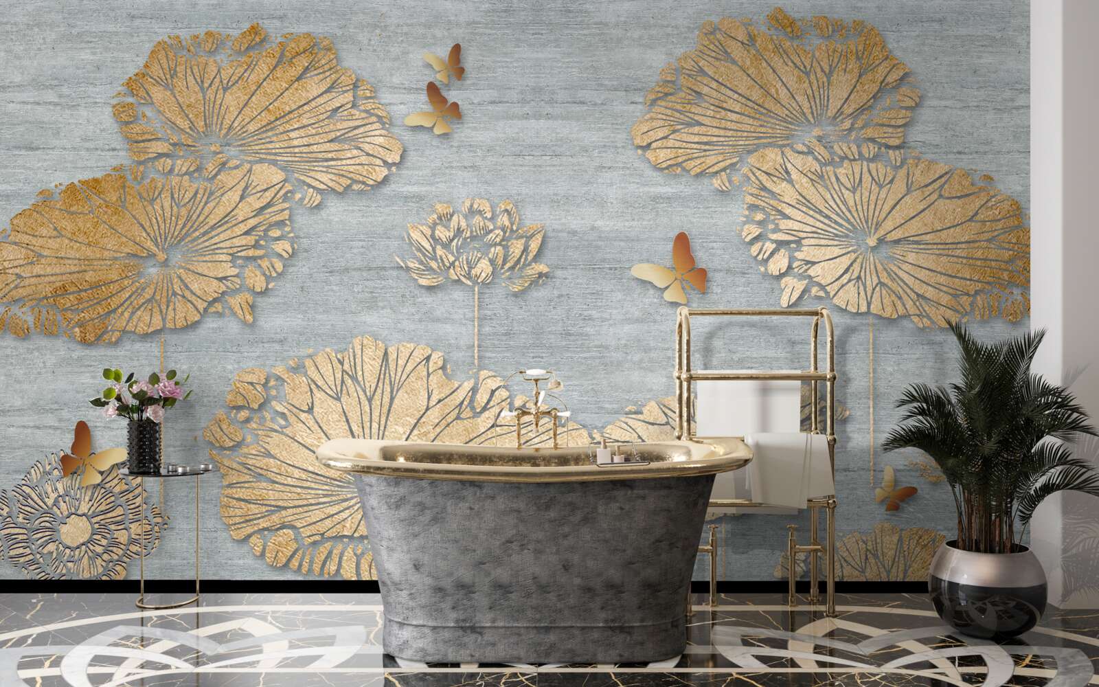 Papier peint papillons et feuilles d'or à la surface de l'eau