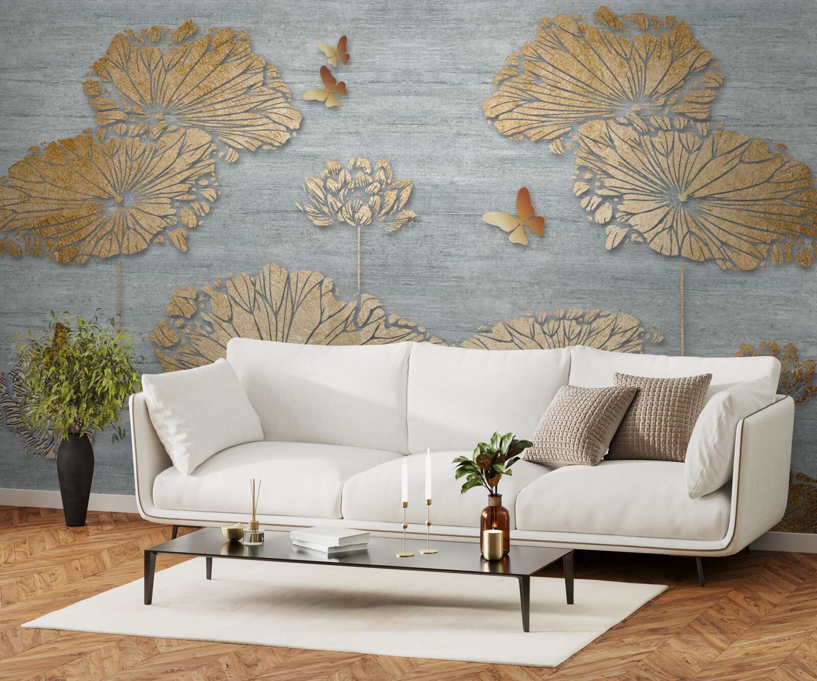 Papier peint papillons et feuilles d'or à la surface de l'eau