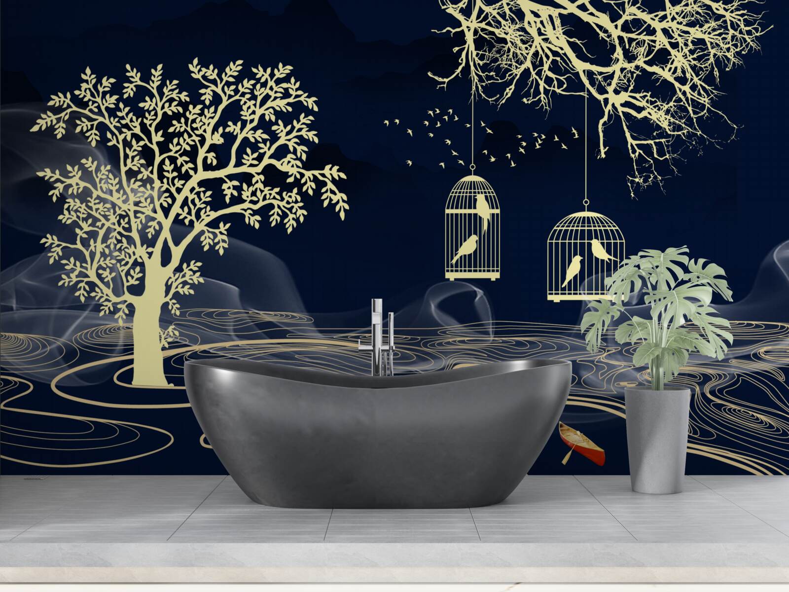 Papier peint arbres aquatiques et oiseaux en captivité