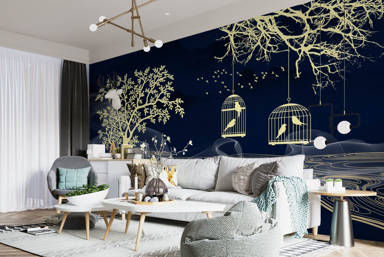 Papier peint arbres aquatiques et oiseaux en captivité