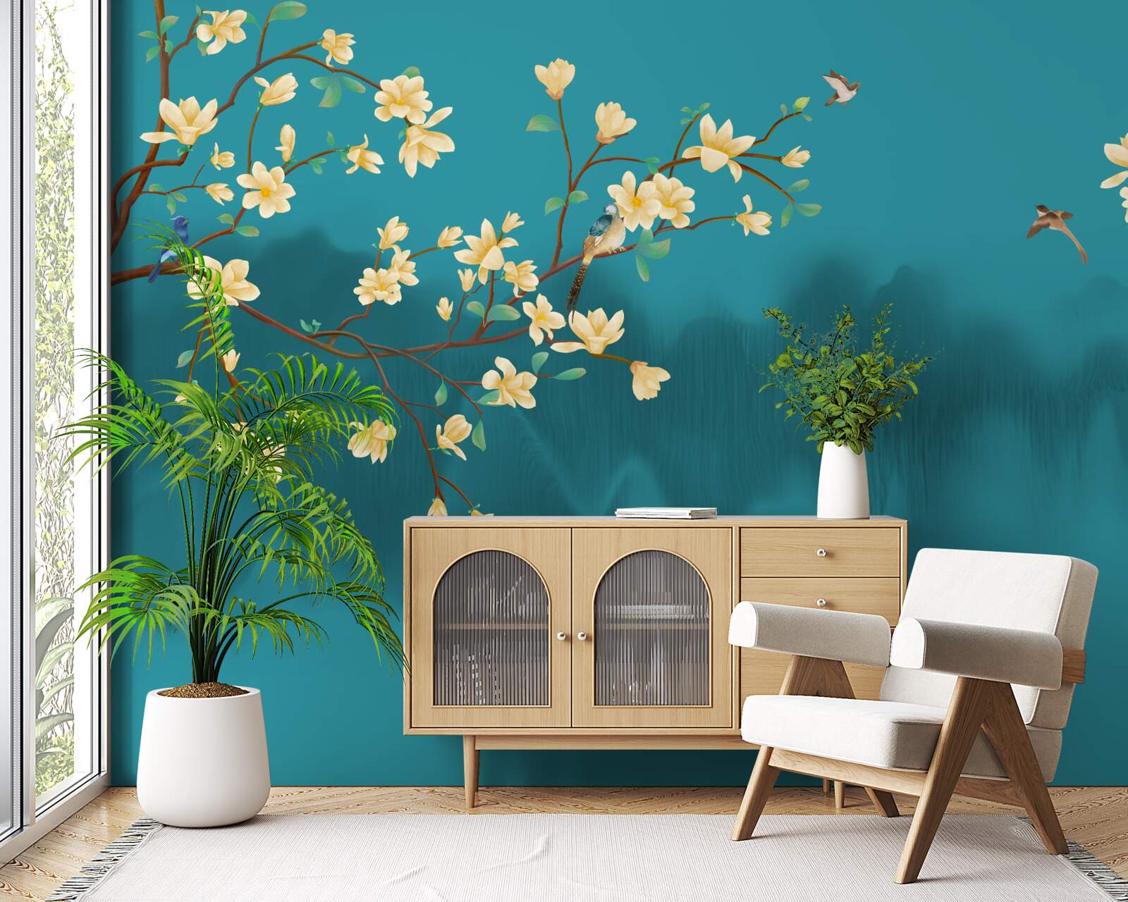 Papier peint Magnolia jaune en pleine floraison sur une eau mystique et brumeuse