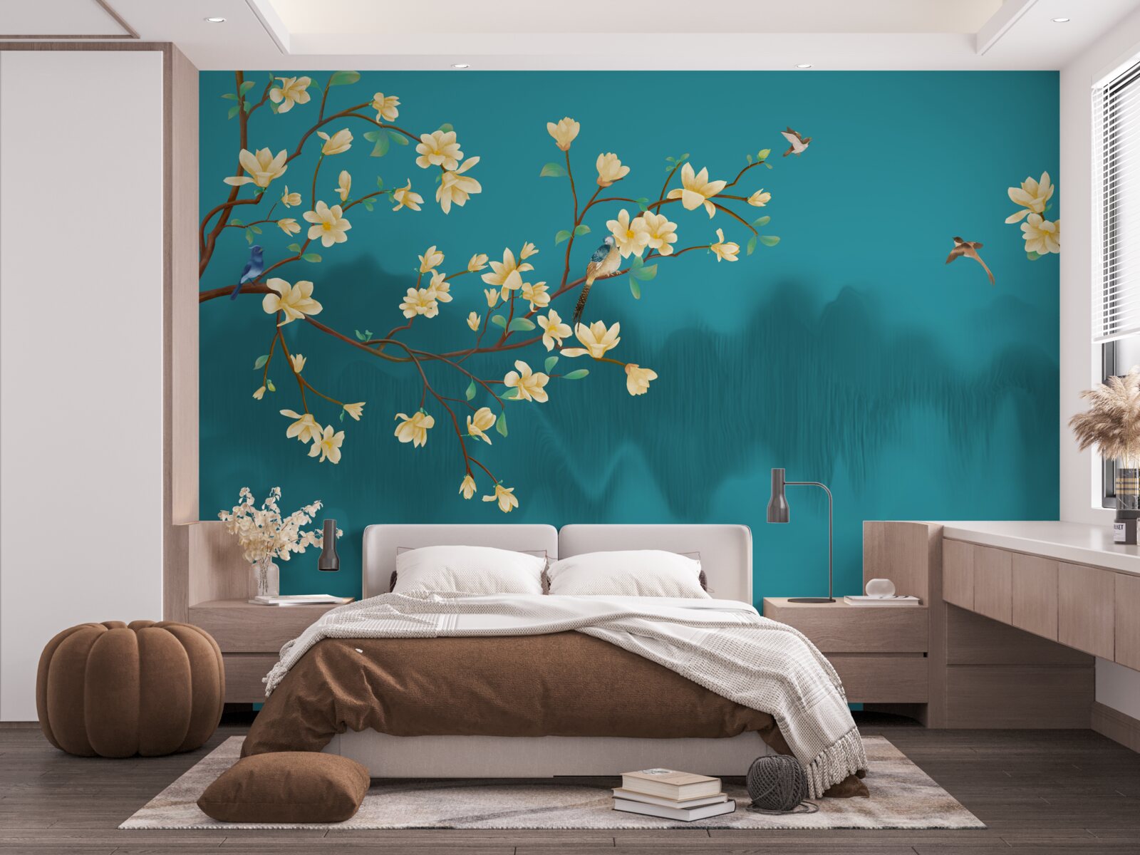 Papier peint Magnolia jaune en pleine floraison sur une eau mystique et brumeuse