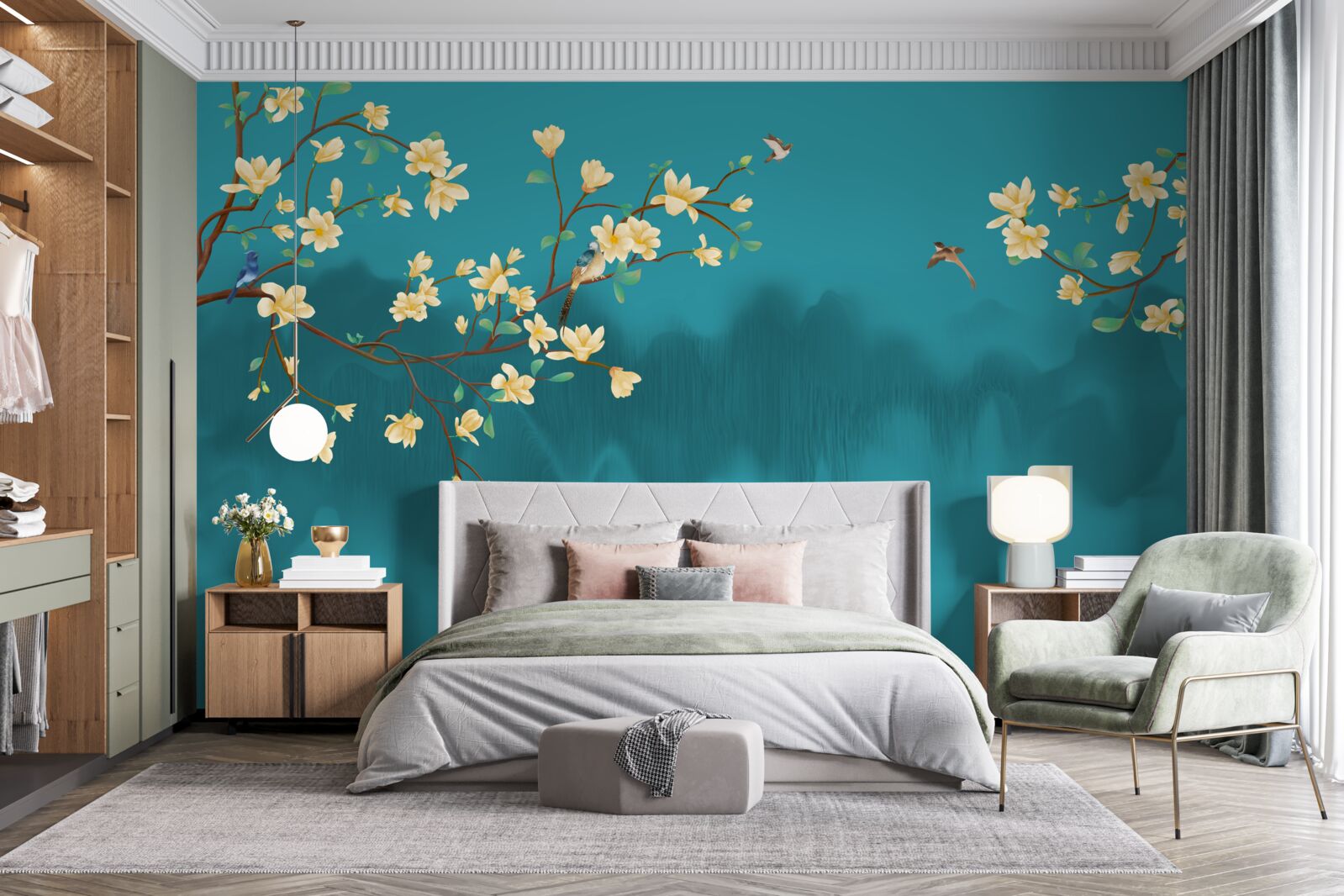 Papier peint Magnolia jaune en pleine floraison sur une eau mystique et brumeuse