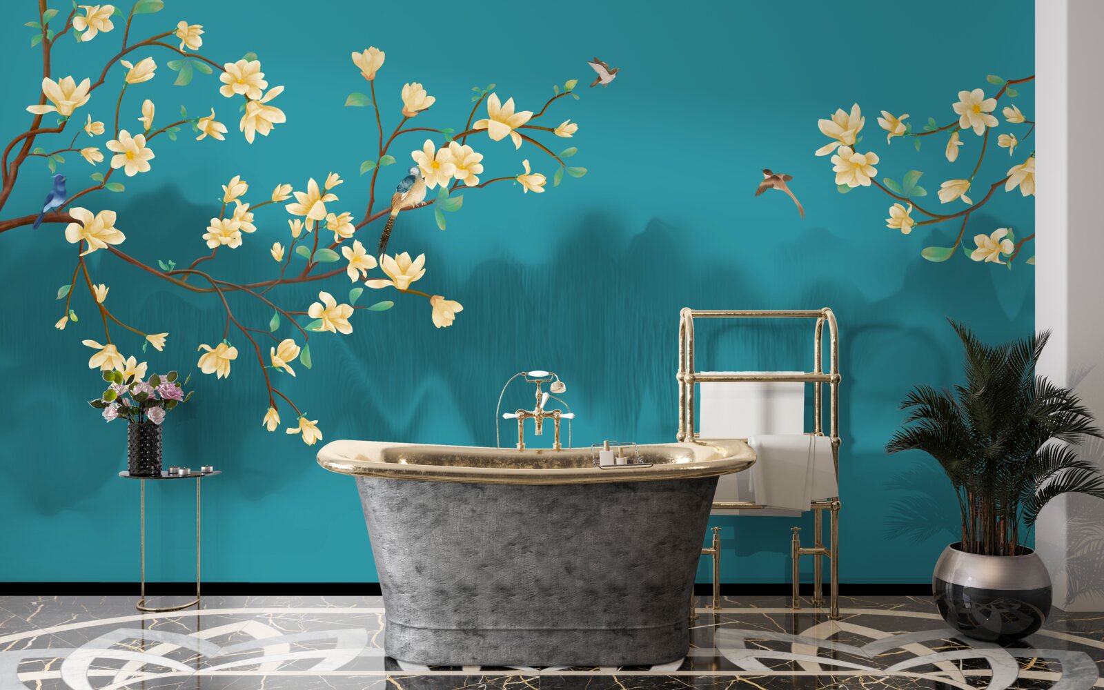 Papier peint Magnolia jaune en pleine floraison sur une eau mystique et brumeuse