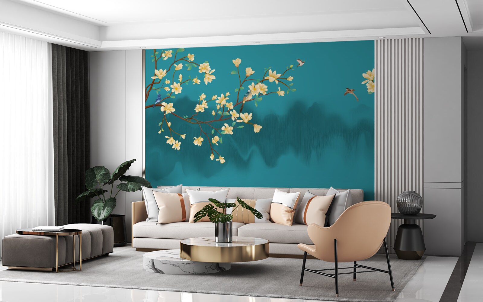 Papier peint Magnolia jaune en pleine floraison sur une eau mystique et brumeuse