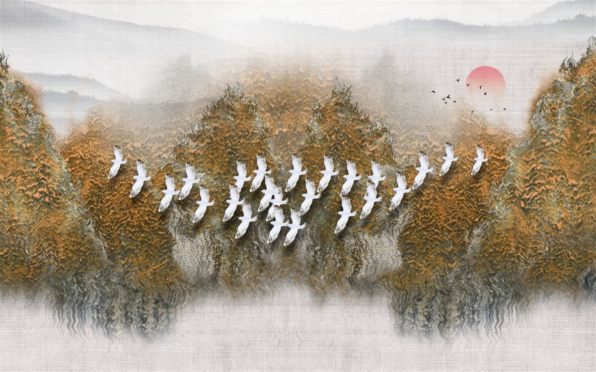 Papier peint un groupe d'oiseaux traverse le ciel, planant au-dessus des arbres et de l'eau