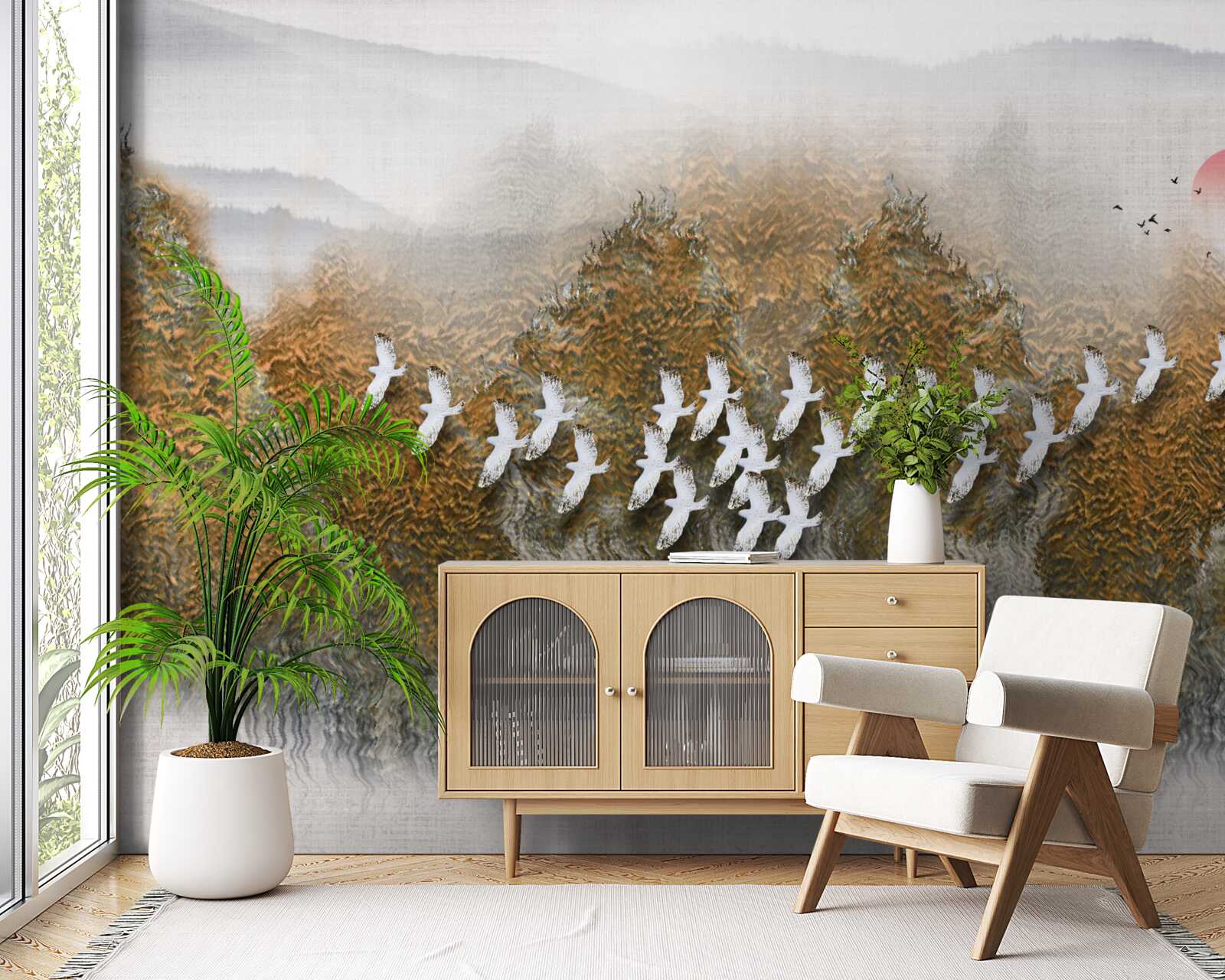 Papier peint un groupe d'oiseaux traverse le ciel, planant au-dessus des arbres et de l'eau