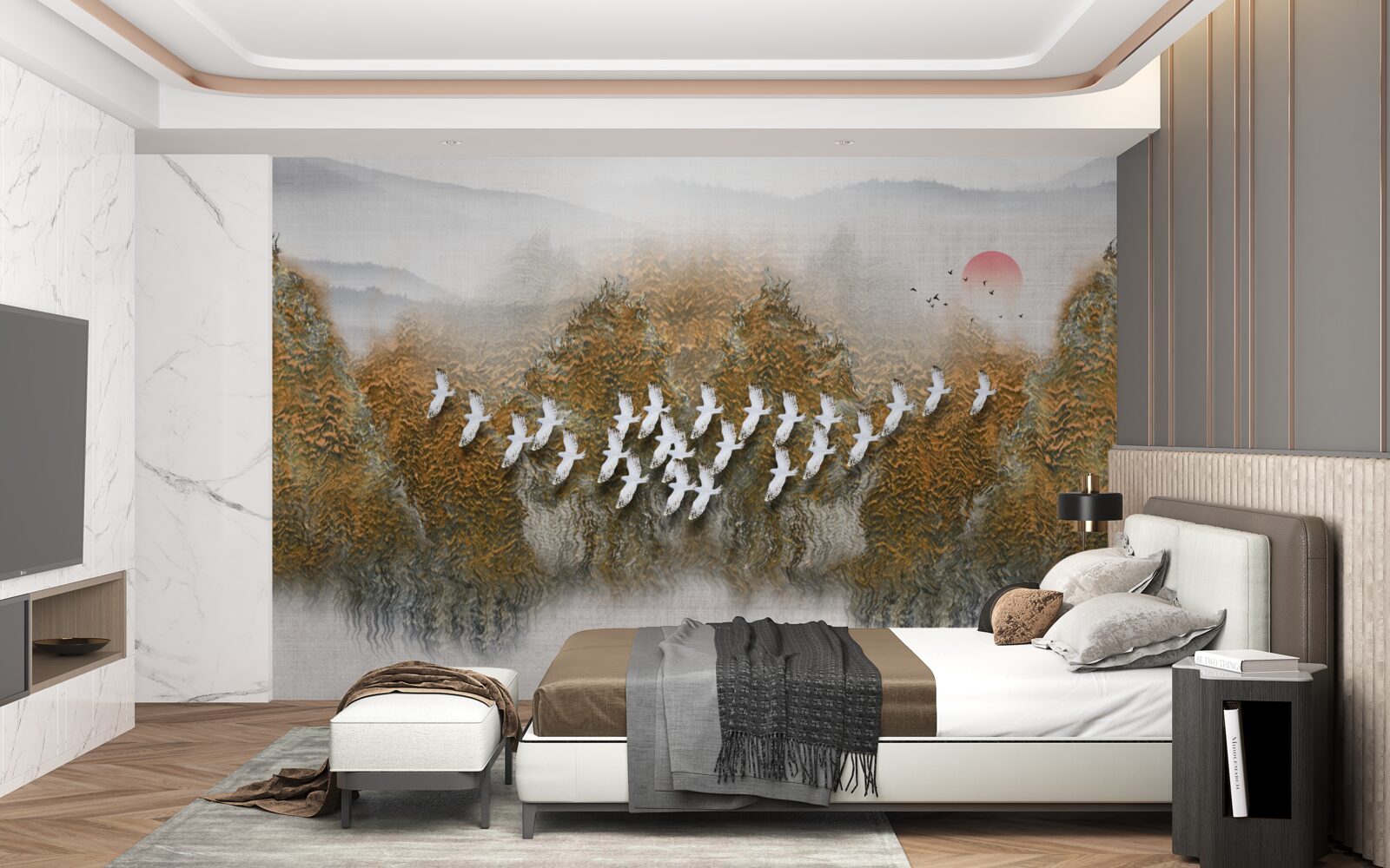 Papier peint un groupe d'oiseaux traverse le ciel, planant au-dessus des arbres et de l'eau