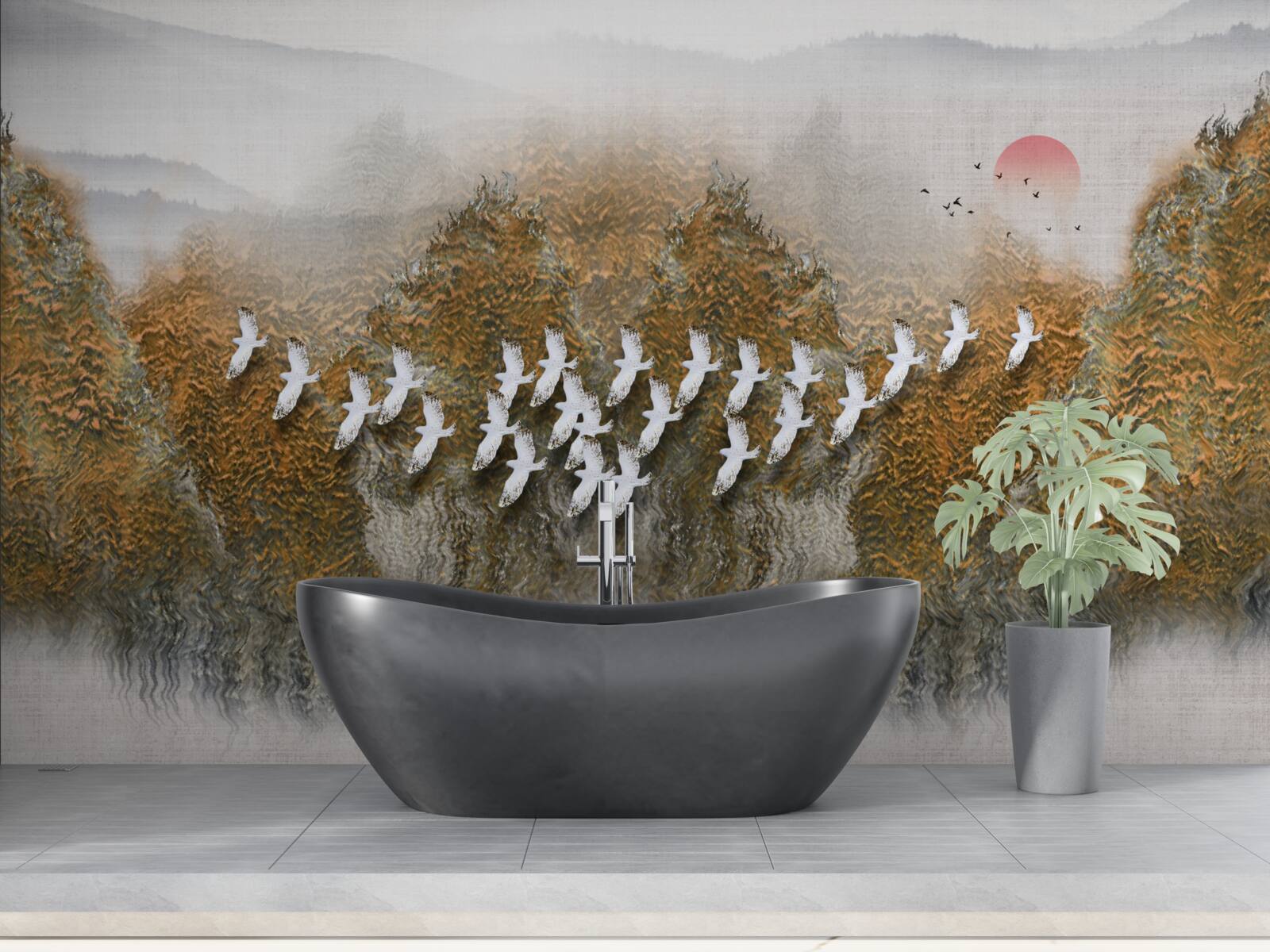 Papier peint un groupe d'oiseaux traverse le ciel, planant au-dessus des arbres et de l'eau