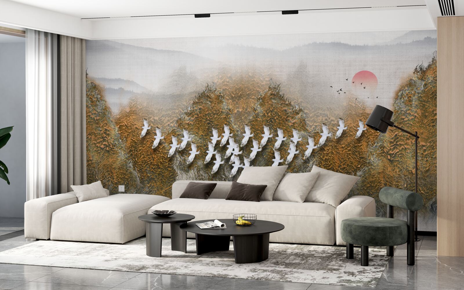 Papier peint un groupe d'oiseaux traverse le ciel, planant au-dessus des arbres et de l'eau