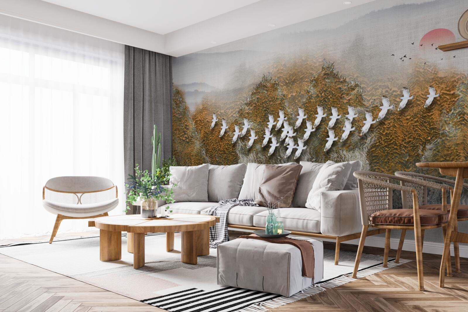 Papier peint un groupe d'oiseaux traverse le ciel, planant au-dessus des arbres et de l'eau