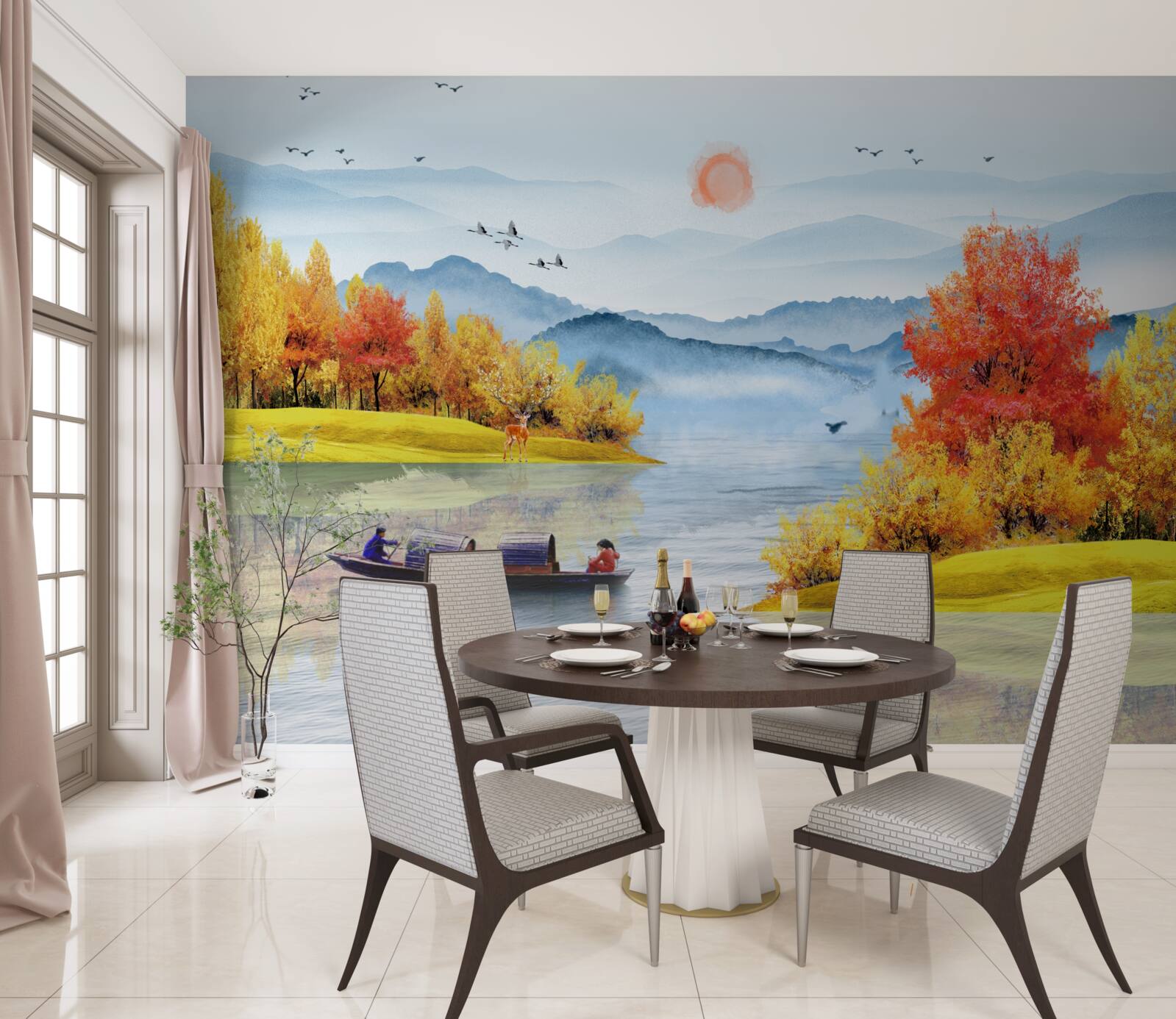 Papier peint bateau sur une rivière de montagne