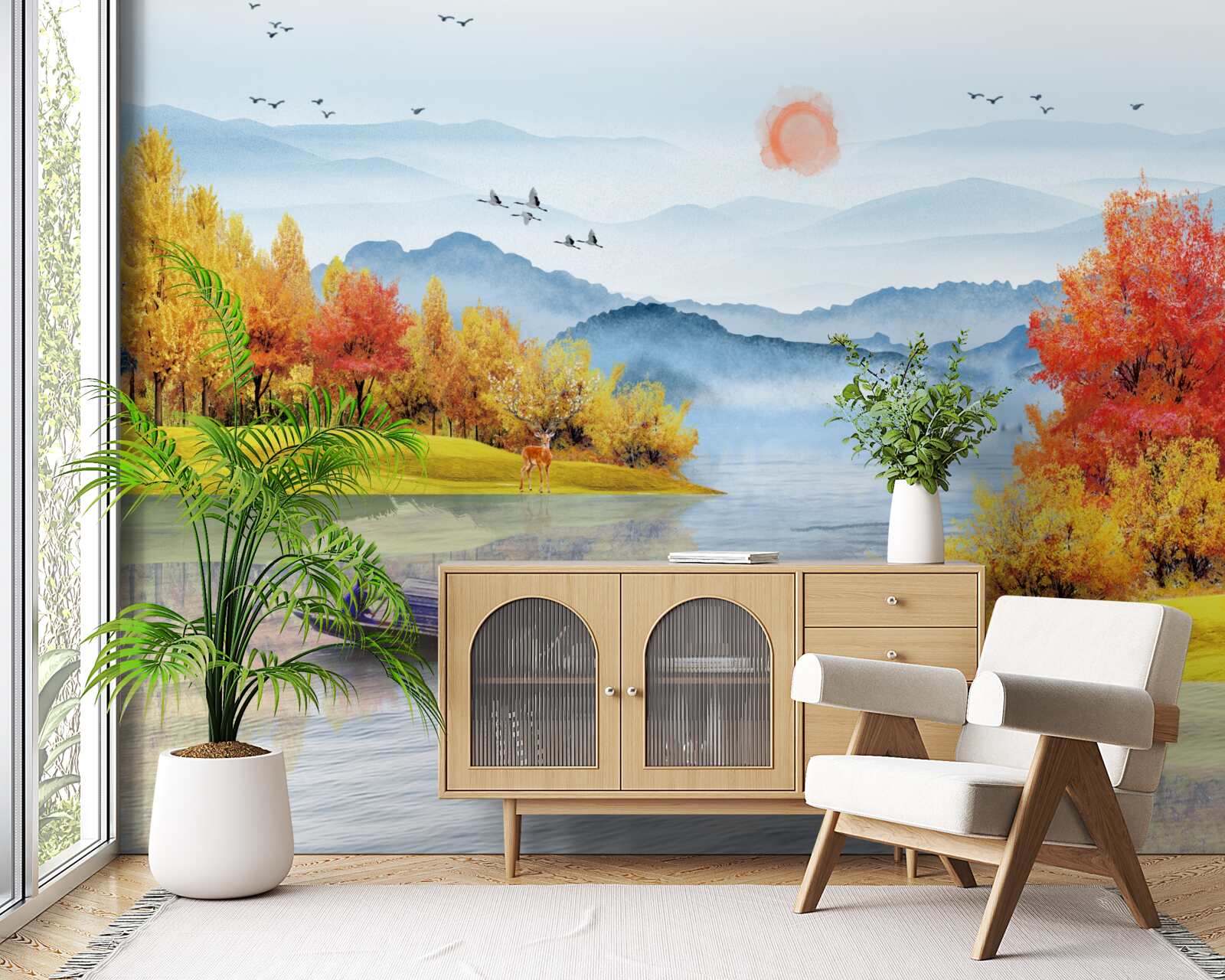 Papier peint bateau sur une rivière de montagne