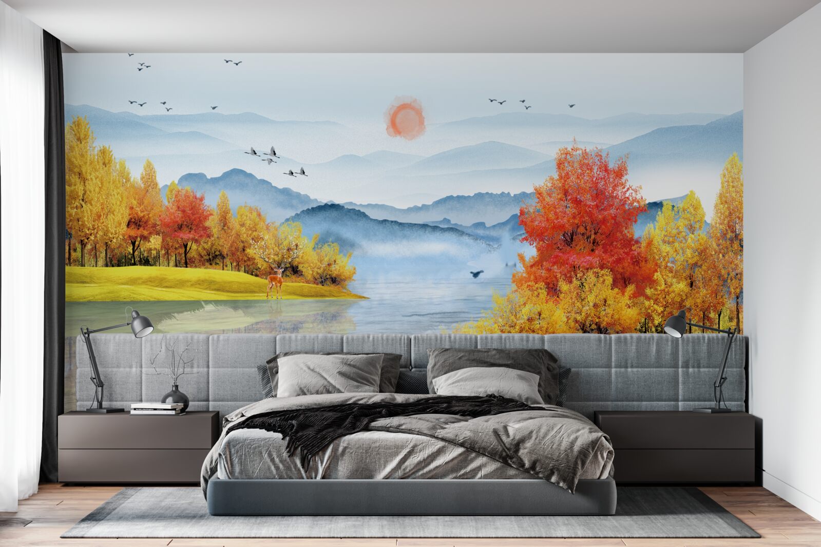 Papier peint bateau sur une rivière de montagne