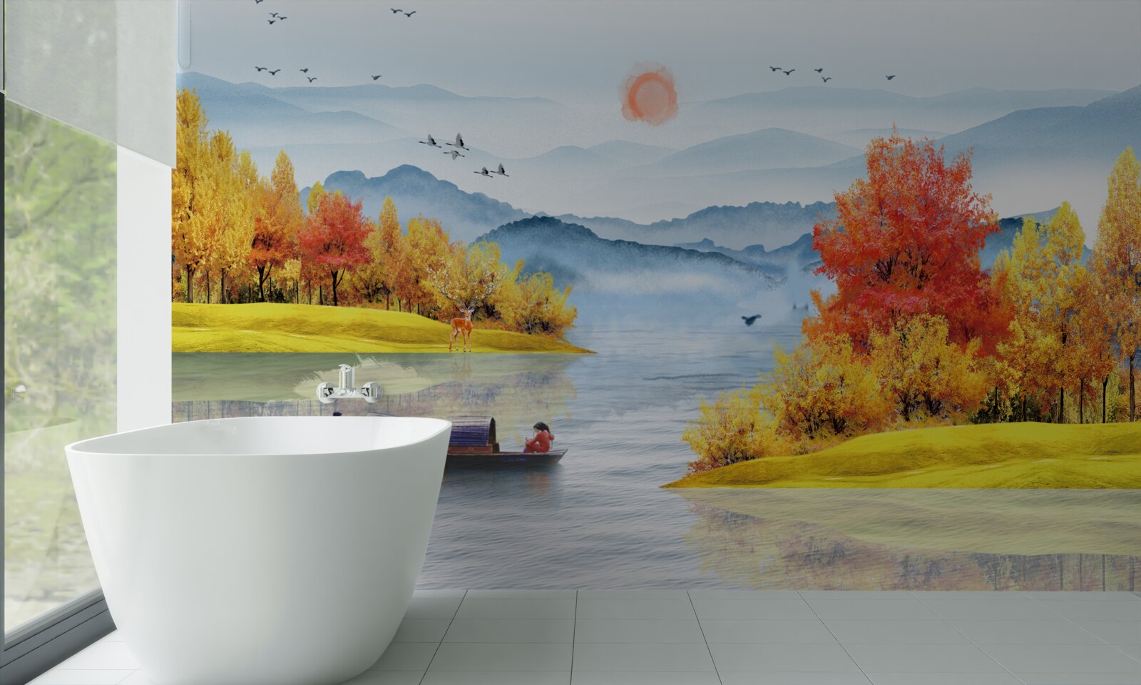 Papier peint bateau sur une rivière de montagne