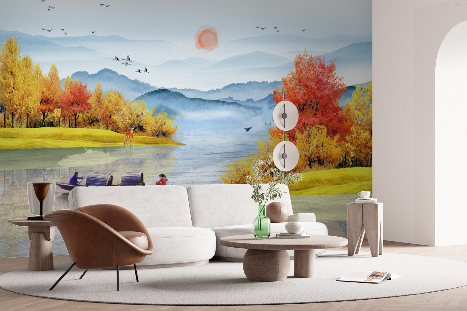 Papier peint bateau sur une rivière de montagne