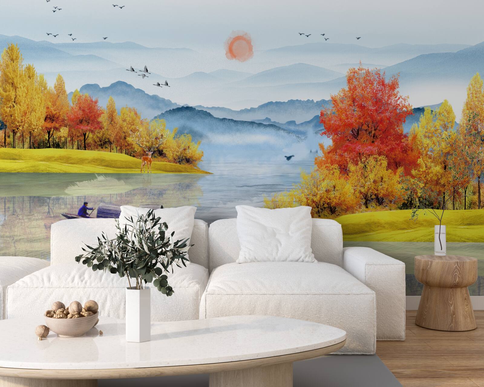 Papier peint bateau sur une rivière de montagne