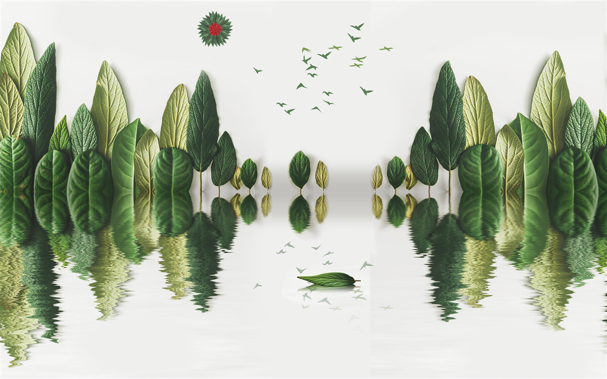 Papier peint reflet d'une forêt couverte de feuilles dans un miroir d'eau