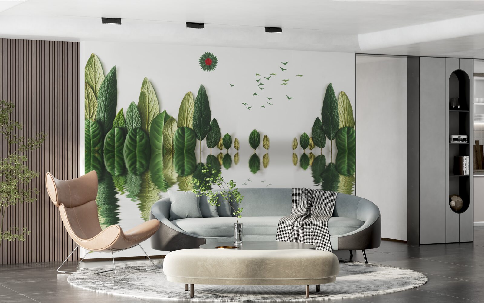 Papier peint reflet d'une forêt couverte de feuilles dans un miroir d'eau