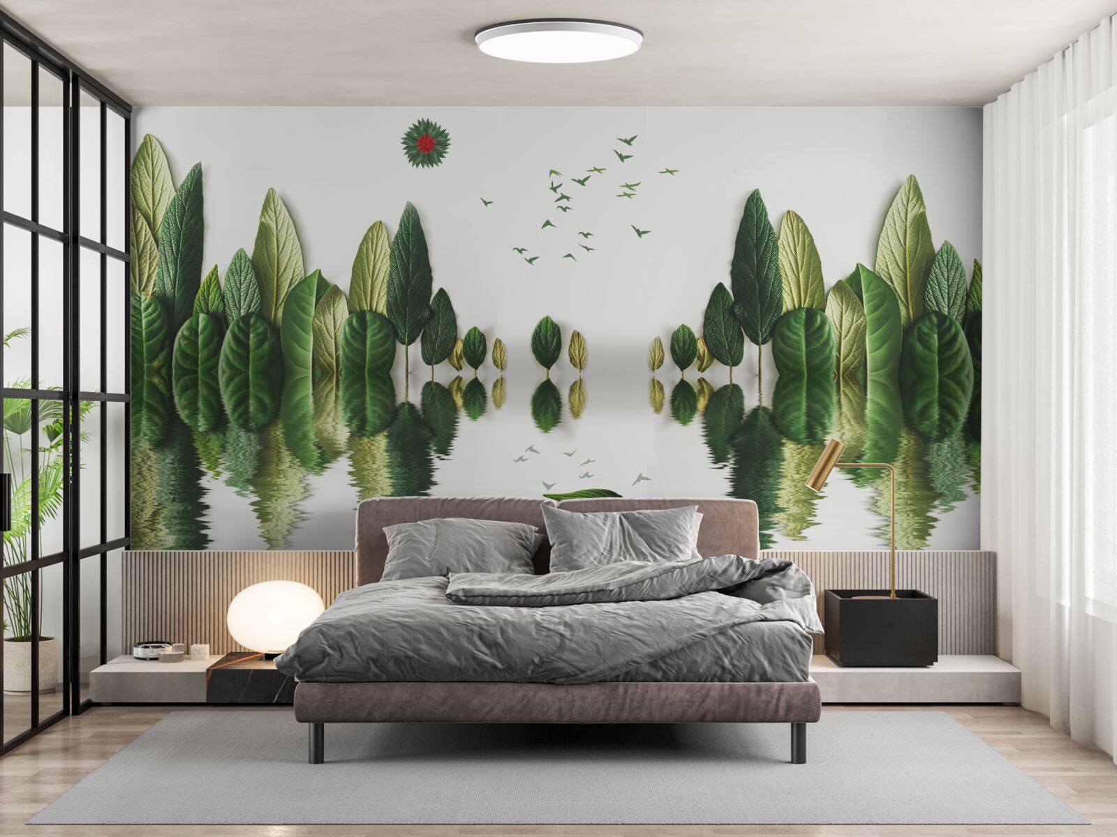 Papier peint reflet d'une forêt couverte de feuilles dans un miroir d'eau