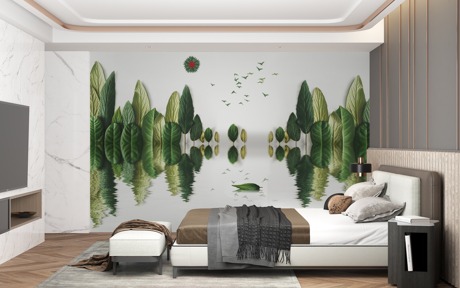 Papier peint reflet d'une forêt couverte de feuilles dans un miroir d'eau