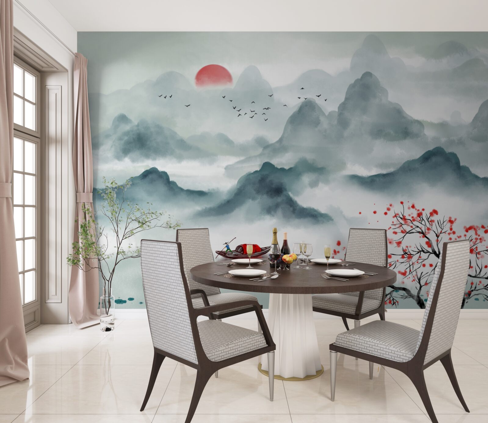 Papier peint pêcheur sur un réservoir de montagne mystique