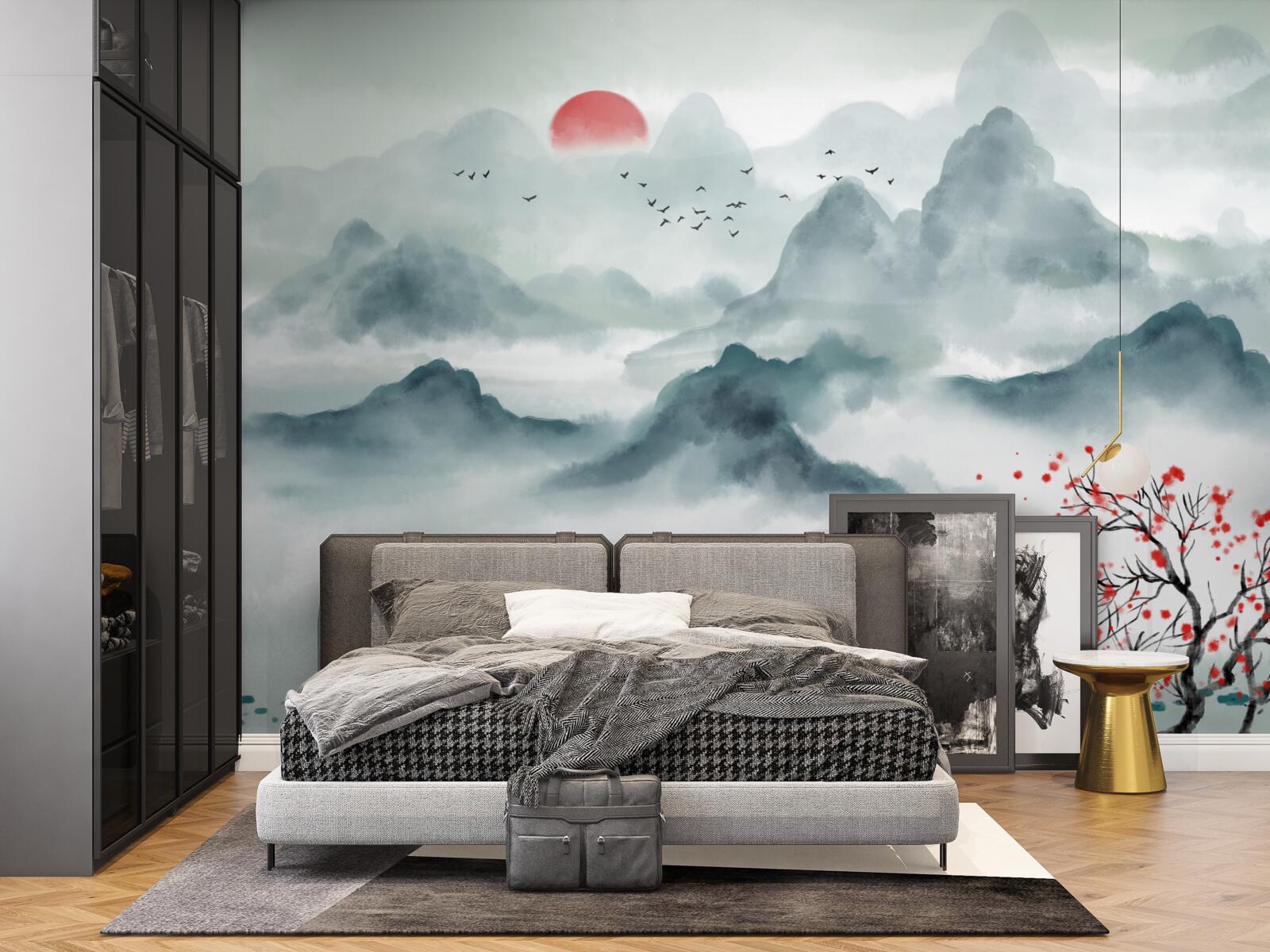 Papier peint pêcheur sur un réservoir de montagne mystique