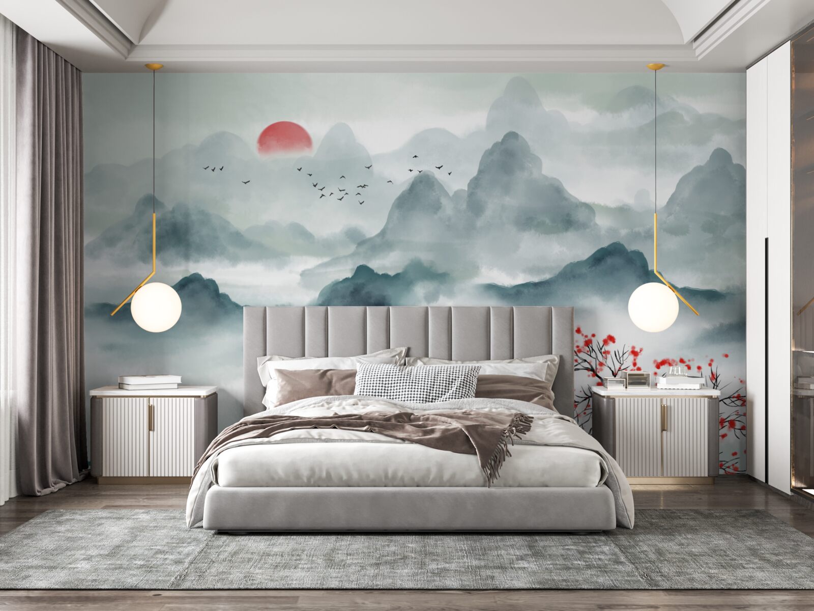 Papier peint pêcheur sur un réservoir de montagne mystique