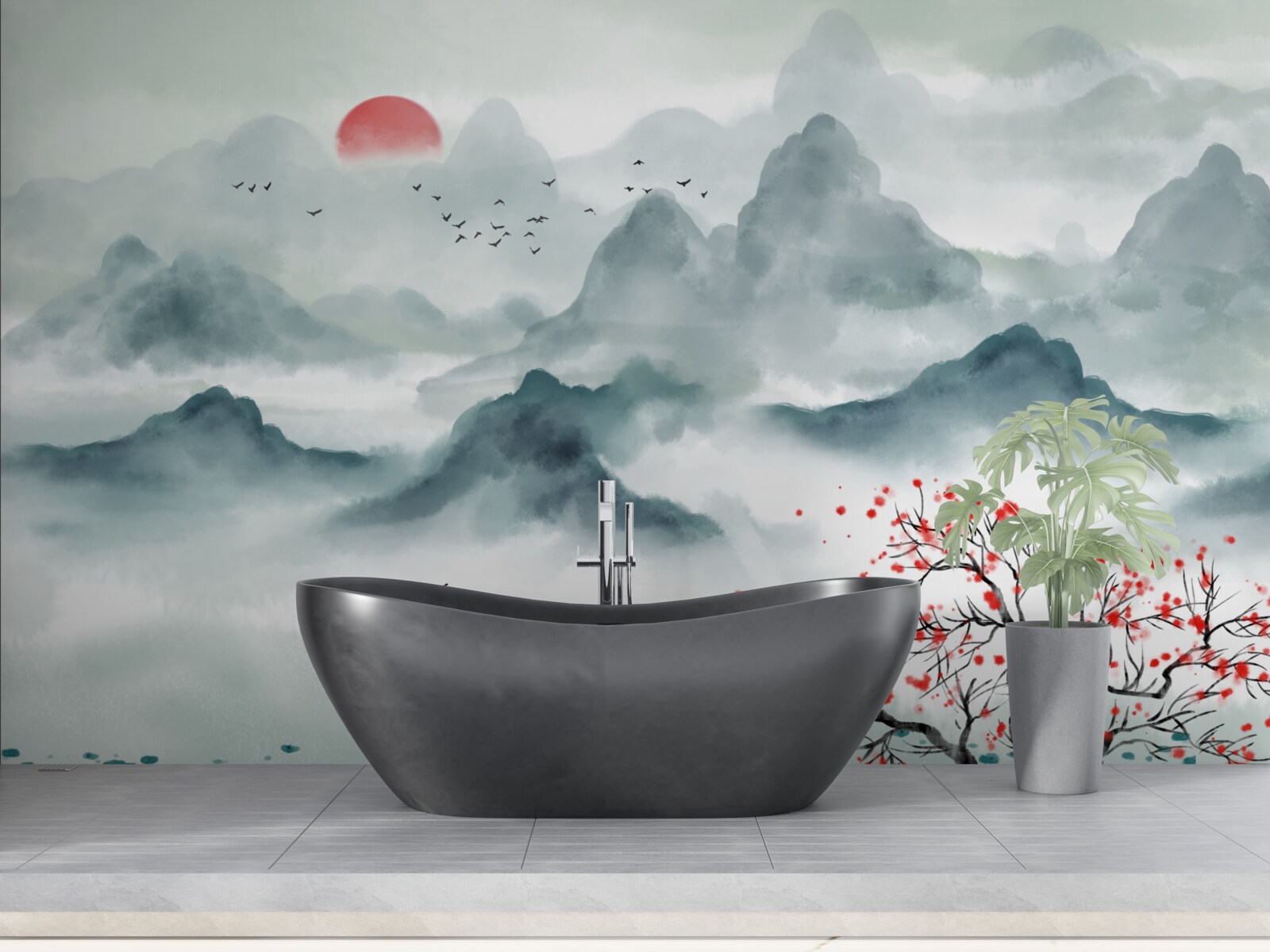 Papier peint pêcheur sur un réservoir de montagne mystique