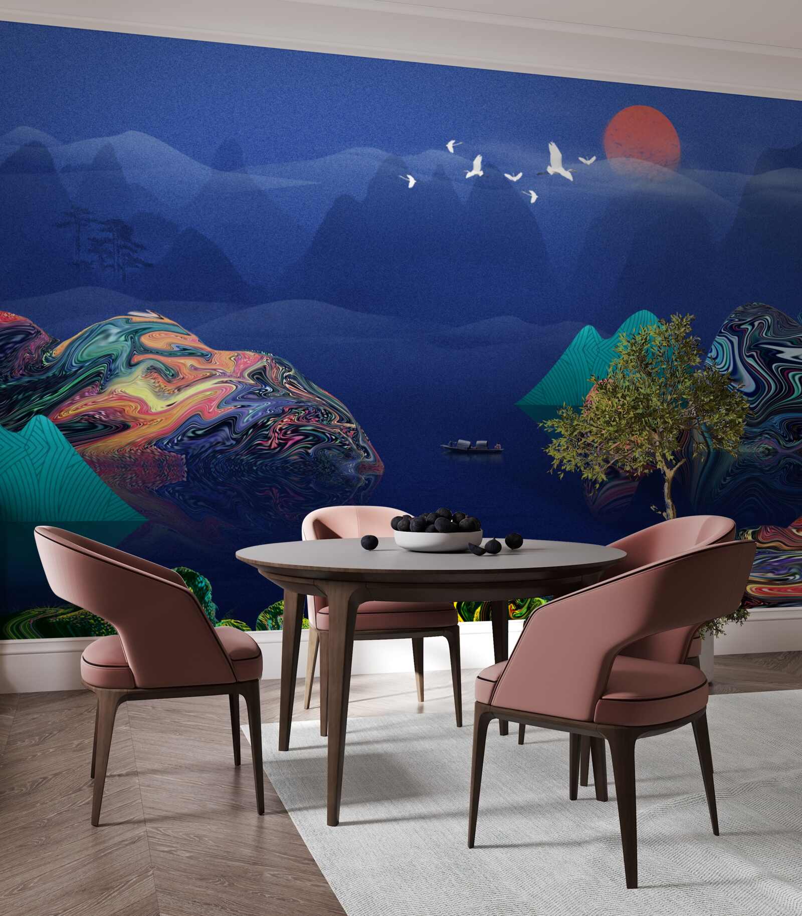 Papier peint Grues volant au coucher du soleil au-dessus d'une rivière de montagne