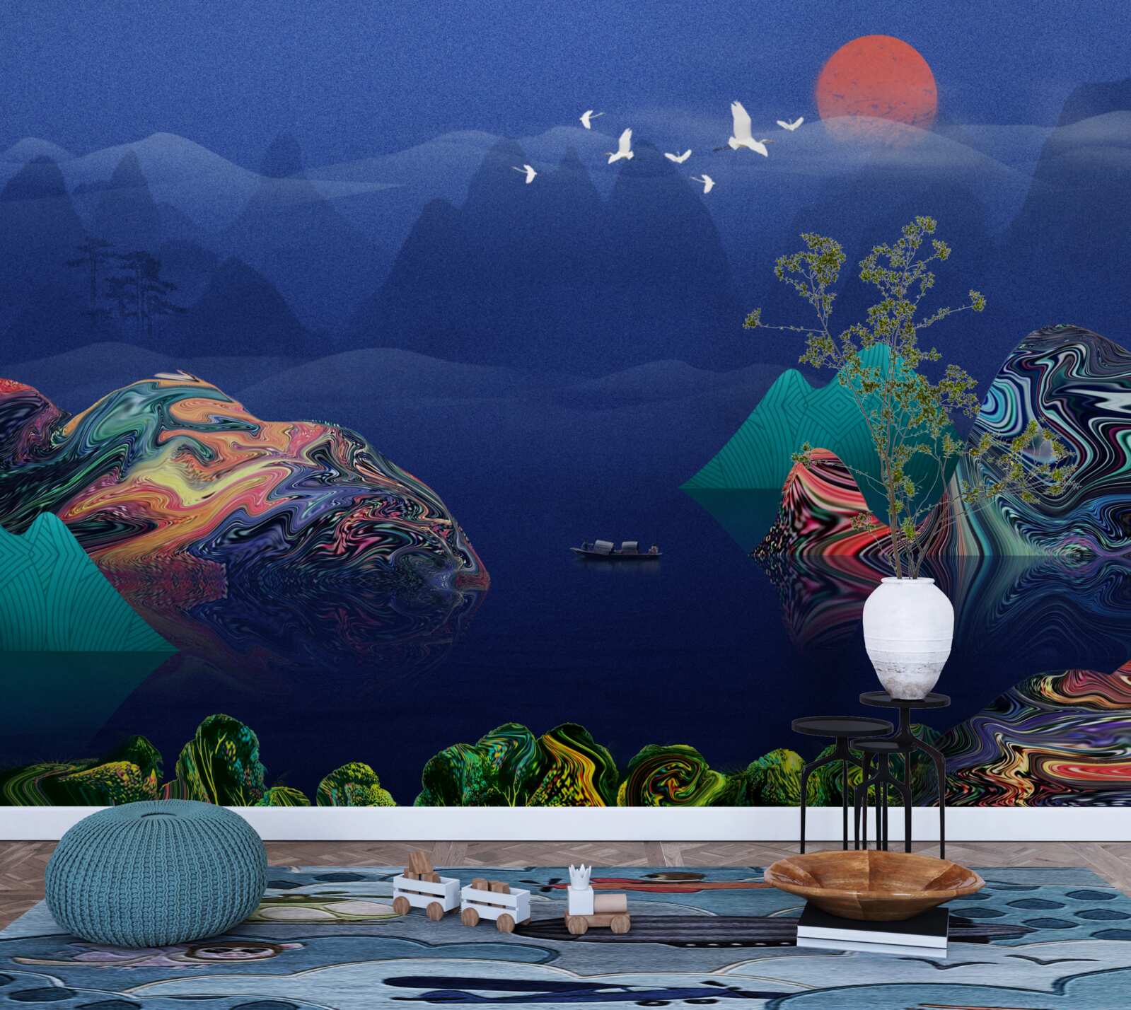 Papier peint Grues volant au coucher du soleil au-dessus d'une rivière de montagne