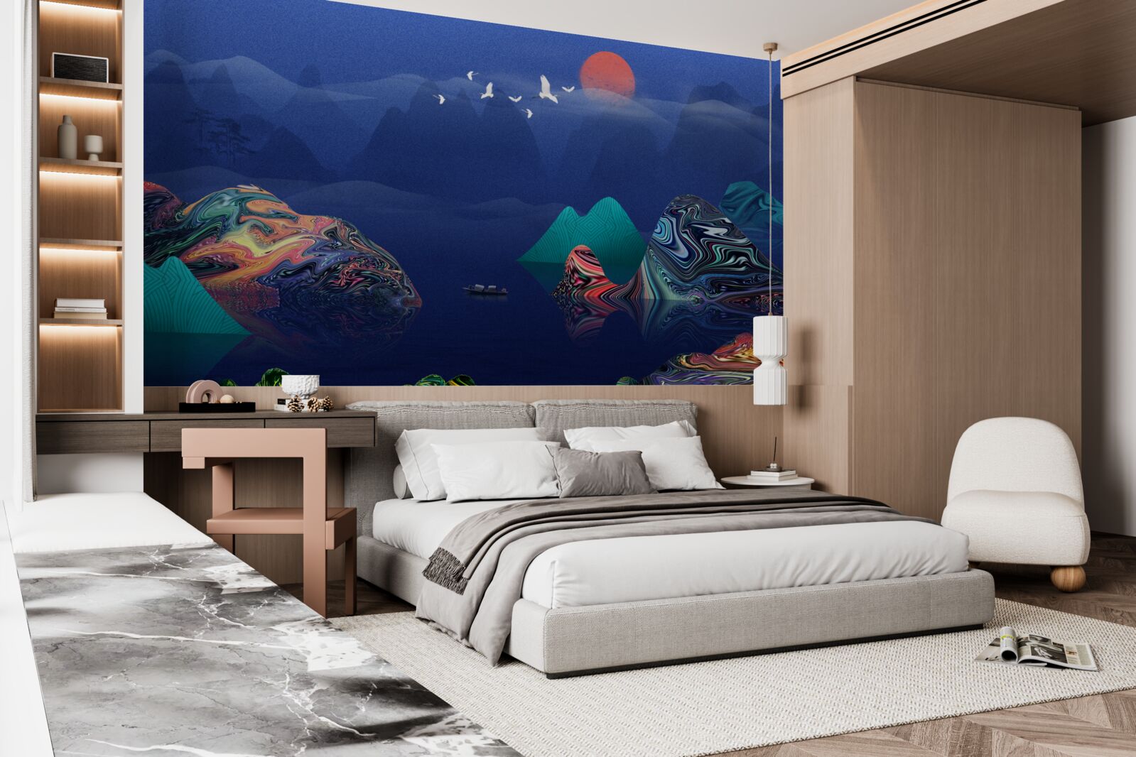 Papier peint Grues volant au coucher du soleil au-dessus d'une rivière de montagne