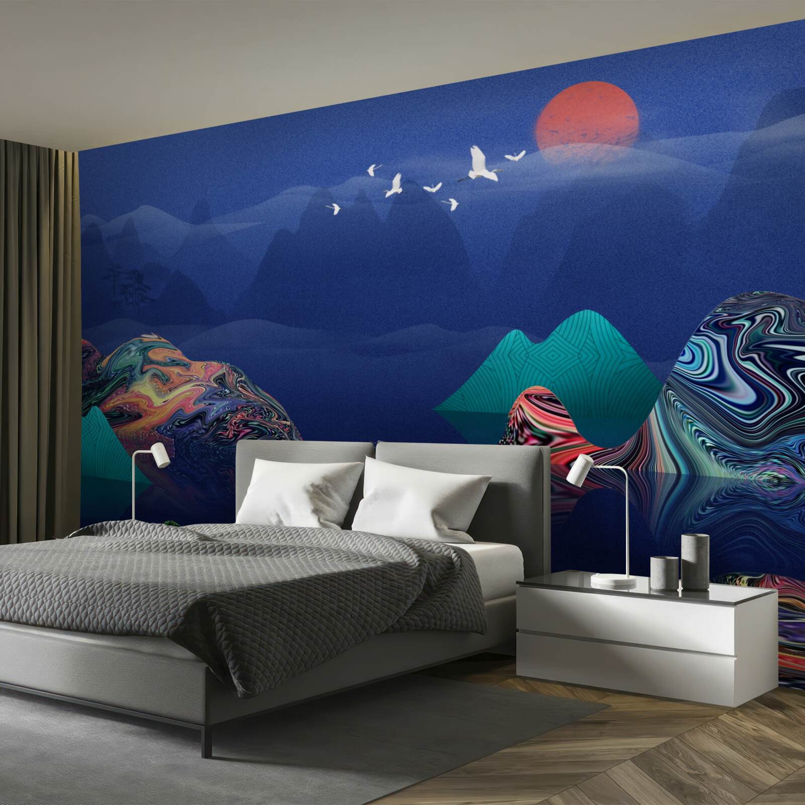 Papier peint Grues volant au coucher du soleil au-dessus d'une rivière de montagne