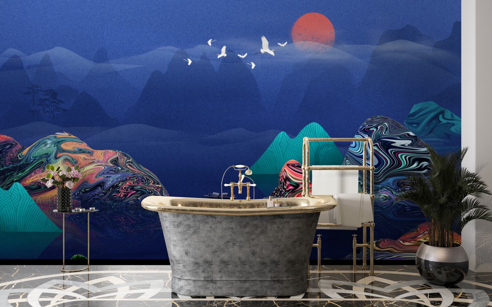 Papier peint Grues volant au coucher du soleil au-dessus d'une rivière de montagne