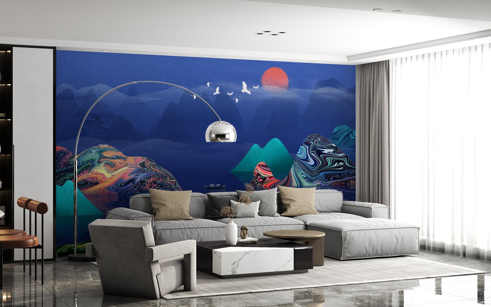 Papier peint Grues volant au coucher du soleil au-dessus d'une rivière de montagne