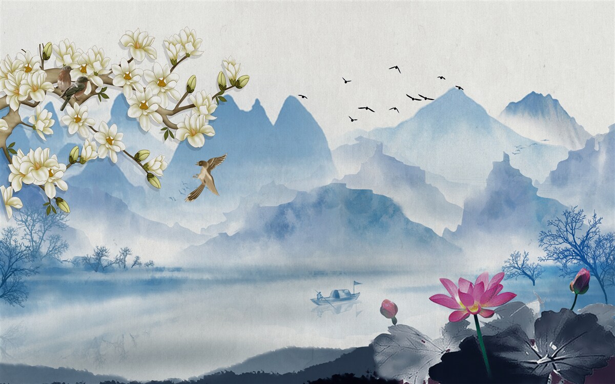 Papier peint aquarelles représentant des lacs de montagne en chine