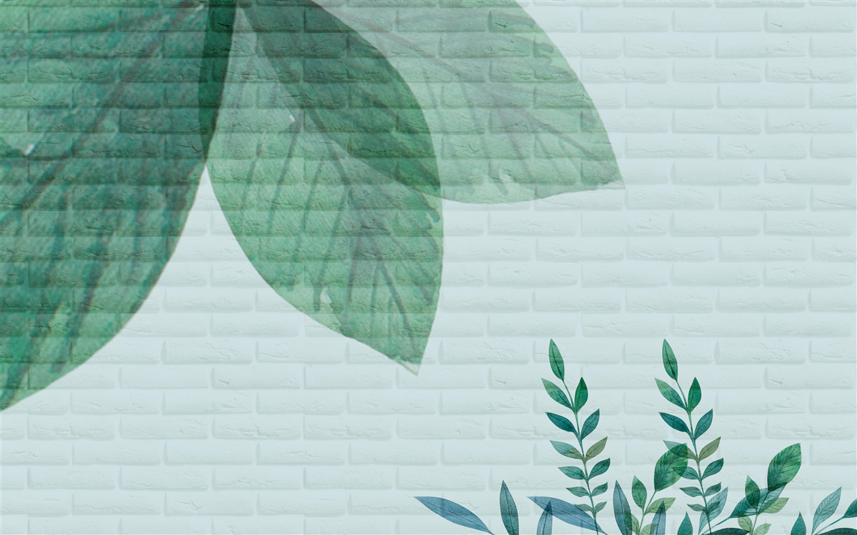 Papier peint aquarelle de feuilles vertes sur un mur de briques