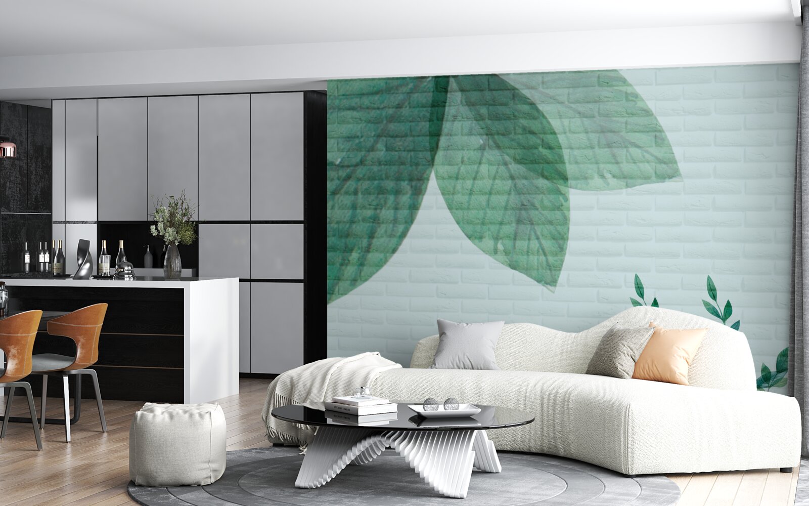 Papier peint aquarelle de feuilles vertes sur un mur de briques