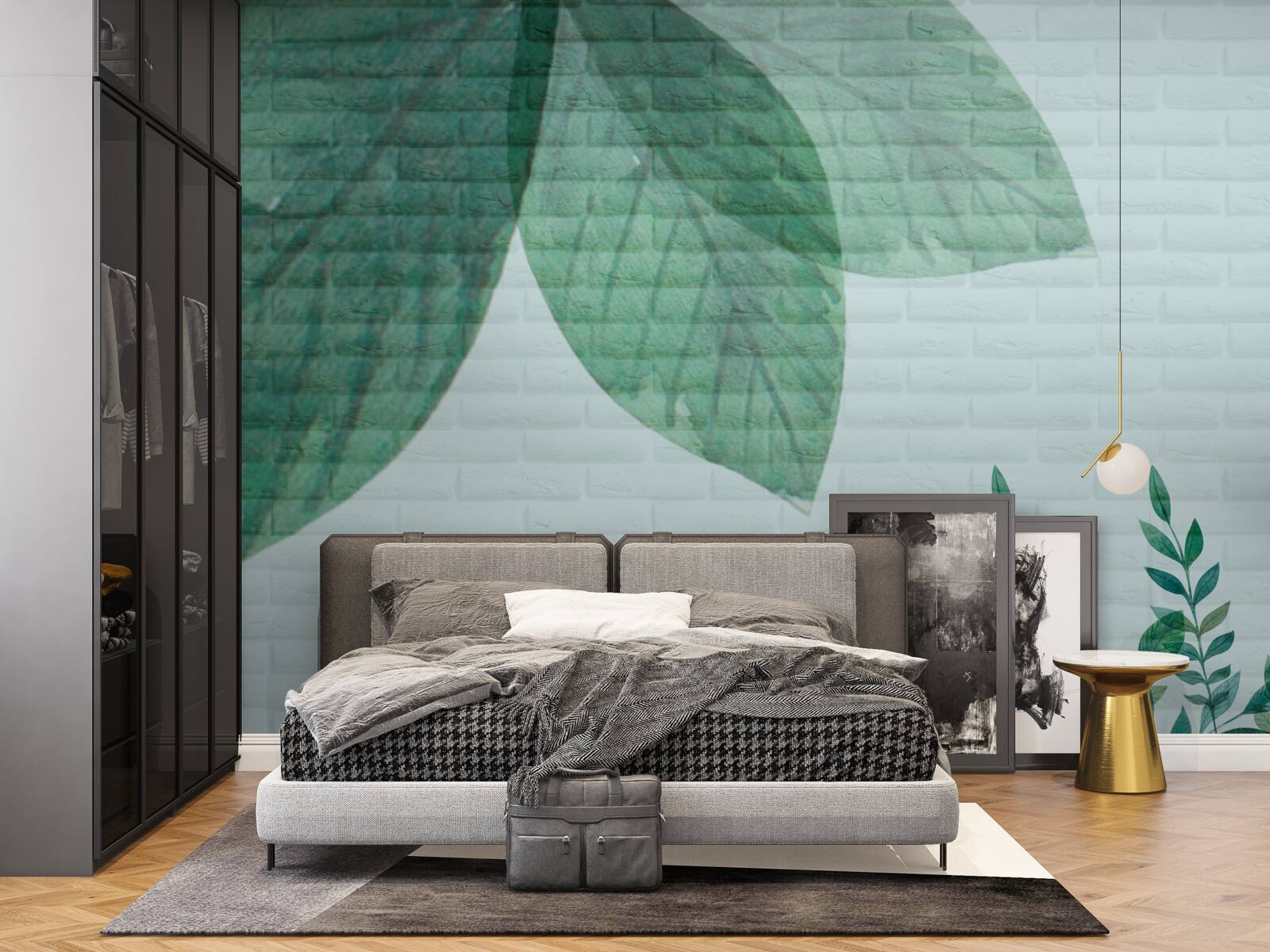 Papier peint aquarelle de feuilles vertes sur un mur de briques