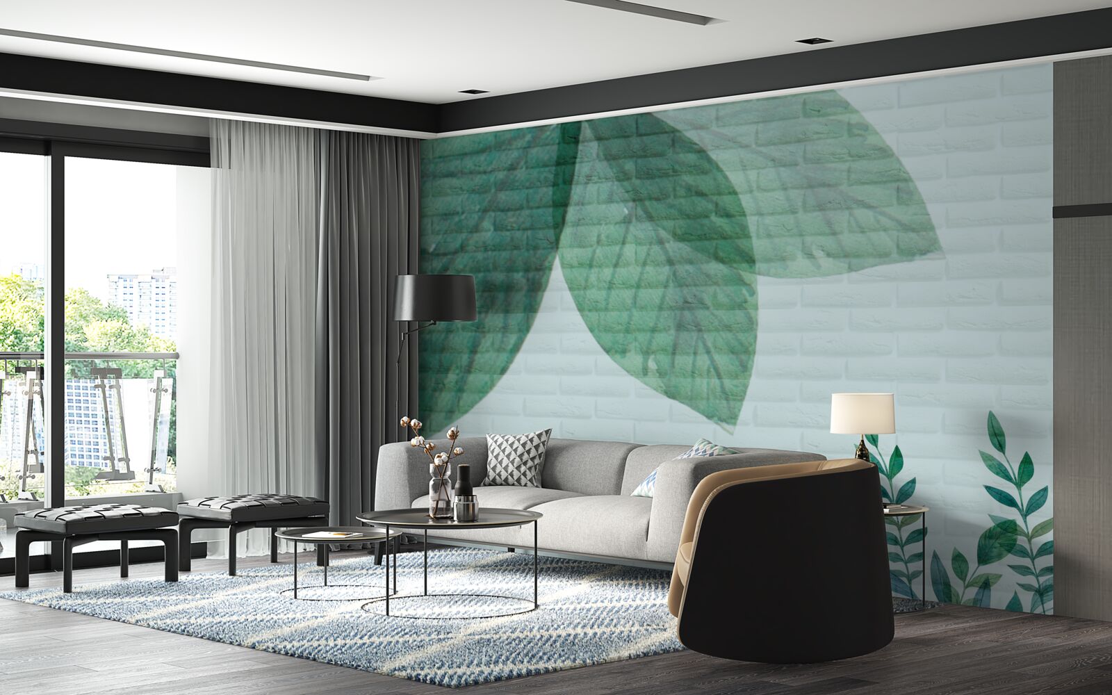 Papier peint aquarelle de feuilles vertes sur un mur de briques