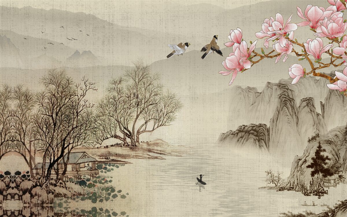 Papier peint magnolia en fleurs et rivière tranquille dans les montagnes