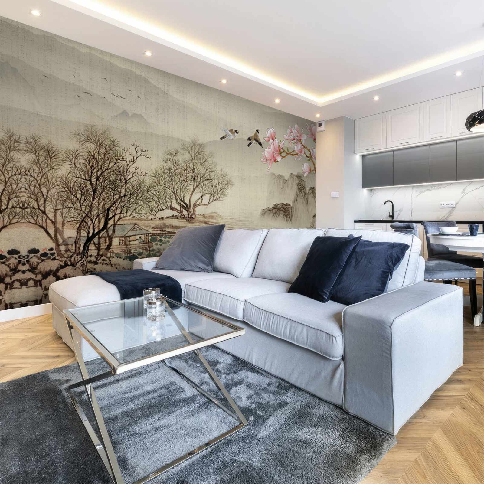 Papier peint magnolia en fleurs et rivière tranquille dans les montagnes